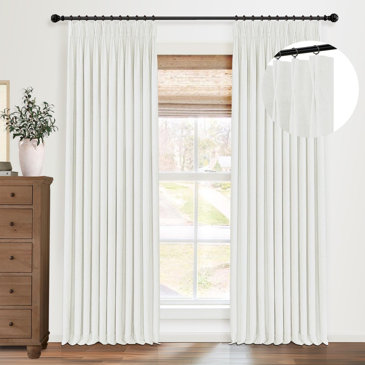 Linen Pinch Pleat Blackout Curtains – Off White, 40”×72”, 2-Panel Set