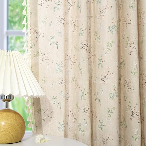 Boho Tassel Floral Linen Curtains – Rod Pocket, 52”×63”, 2-Panel Set