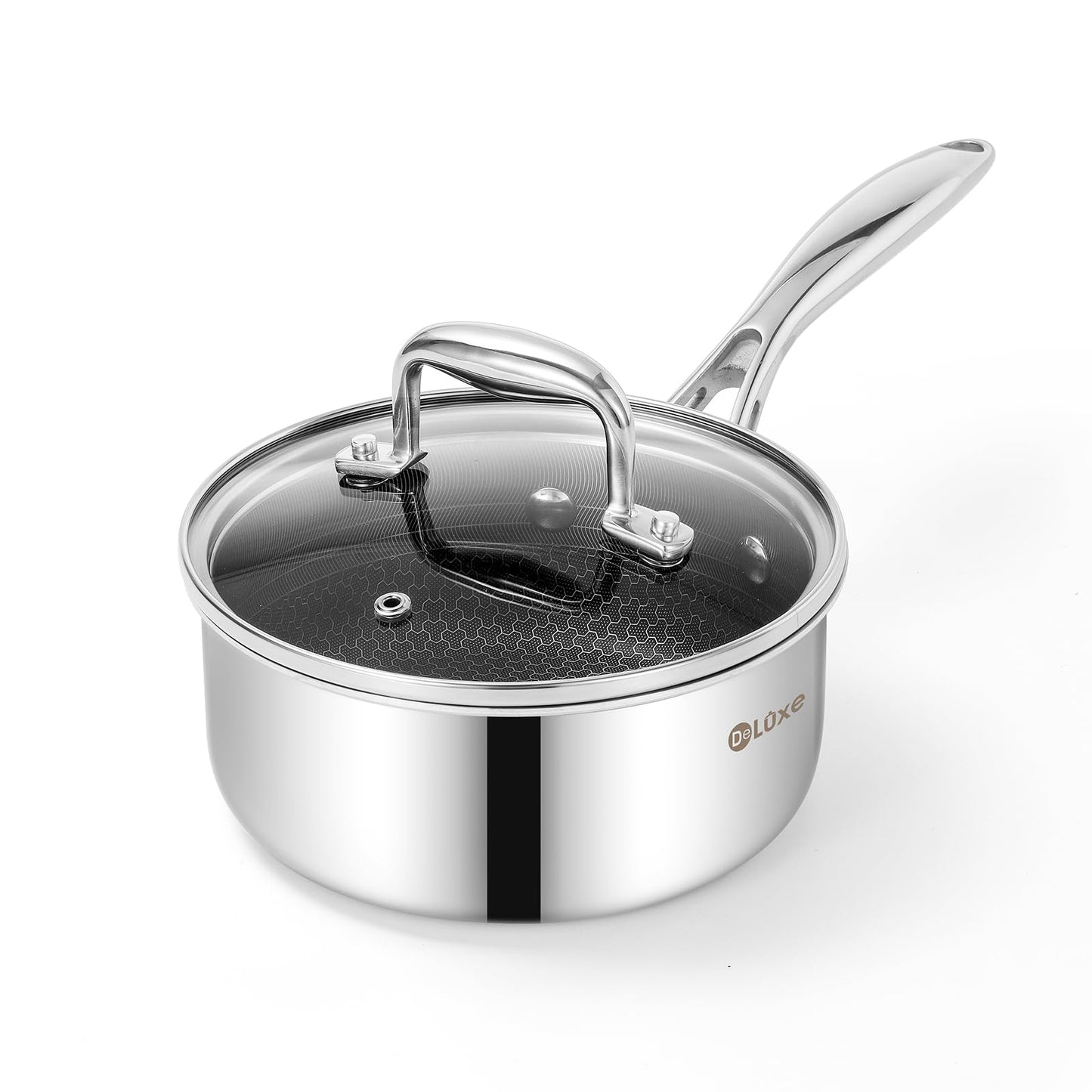 DELUXE Hybrid Nonstick 1.3-Quart Saucepan with Tempered Glass Lid Stainless Steel Cookware Pot with Stay-Cool Handle Dishwasher Oven Safe Induction Ready PFOA Free Compatible with All Cooktops