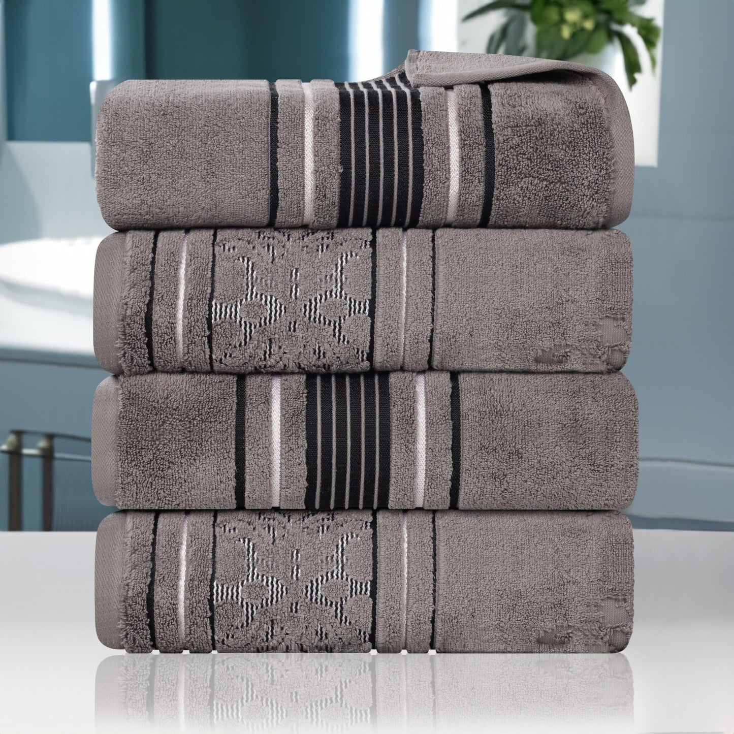 Zero Twist Floral Jacquard Bath Towel Set – Charcoal, 4-Pack