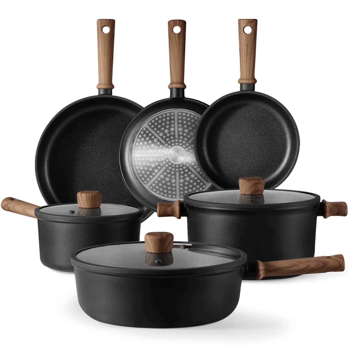 CAROTE 9pcs Pots and Pans Set Non Stick Nonstick Kitchen Cookware Sets Titanium Induction Cookware Sets with Stay-Cool Handle Black