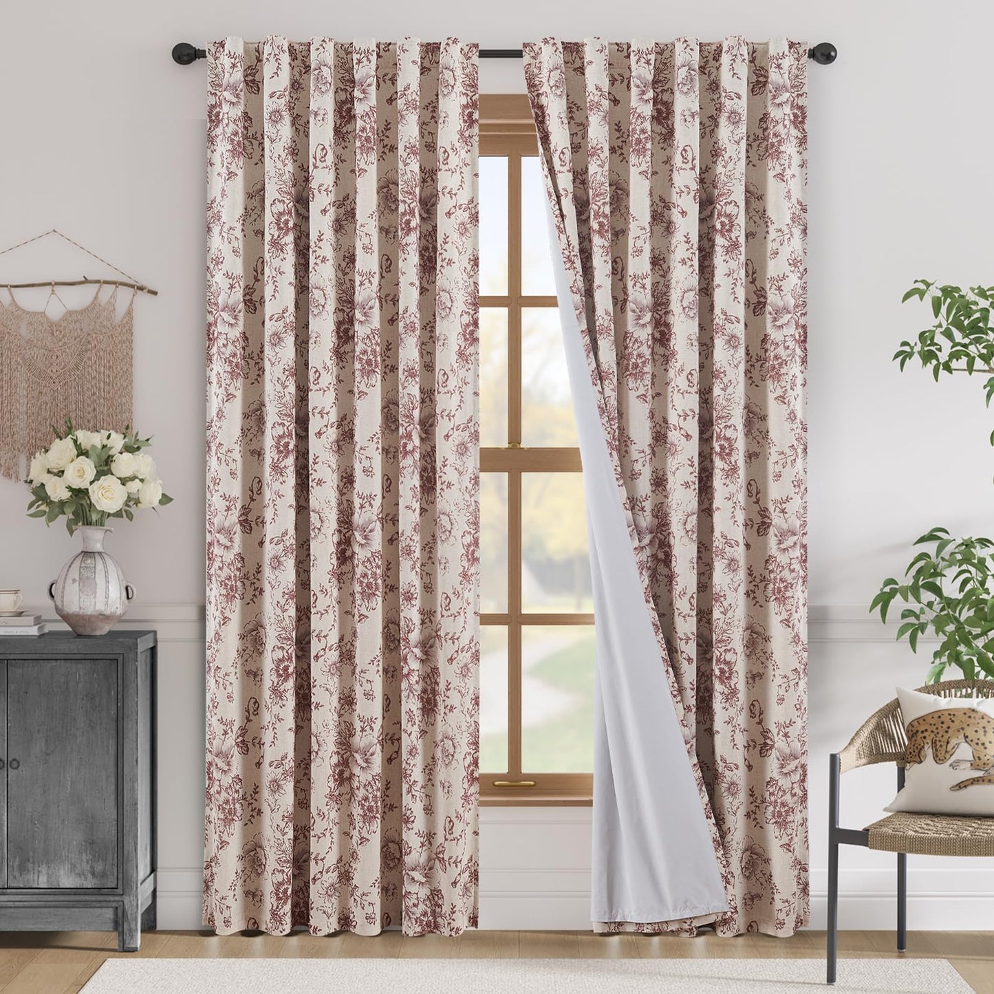 Peony Floral Linen Blackout Curtains – Brick Red, 50”×84”, 2-Panel Set