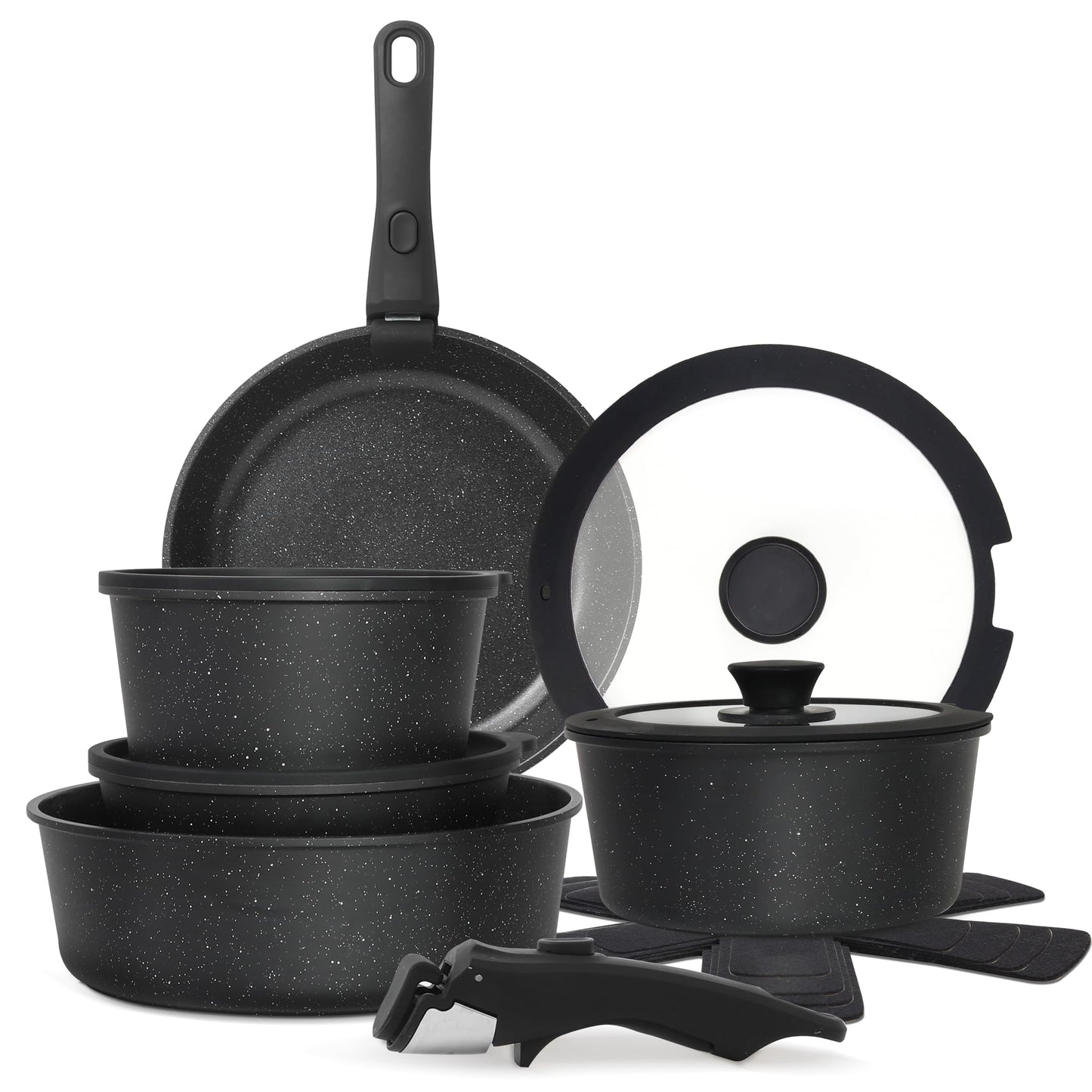 Cuisinluv 15PCS Pots and Pans Set Non Stick Kitchen Cookware Sets with Detachable Handle Ceramic Cookware Sets Non Stick RV Cookware Cooking Set Dishwasher & Oven Safe PFOA Free Black