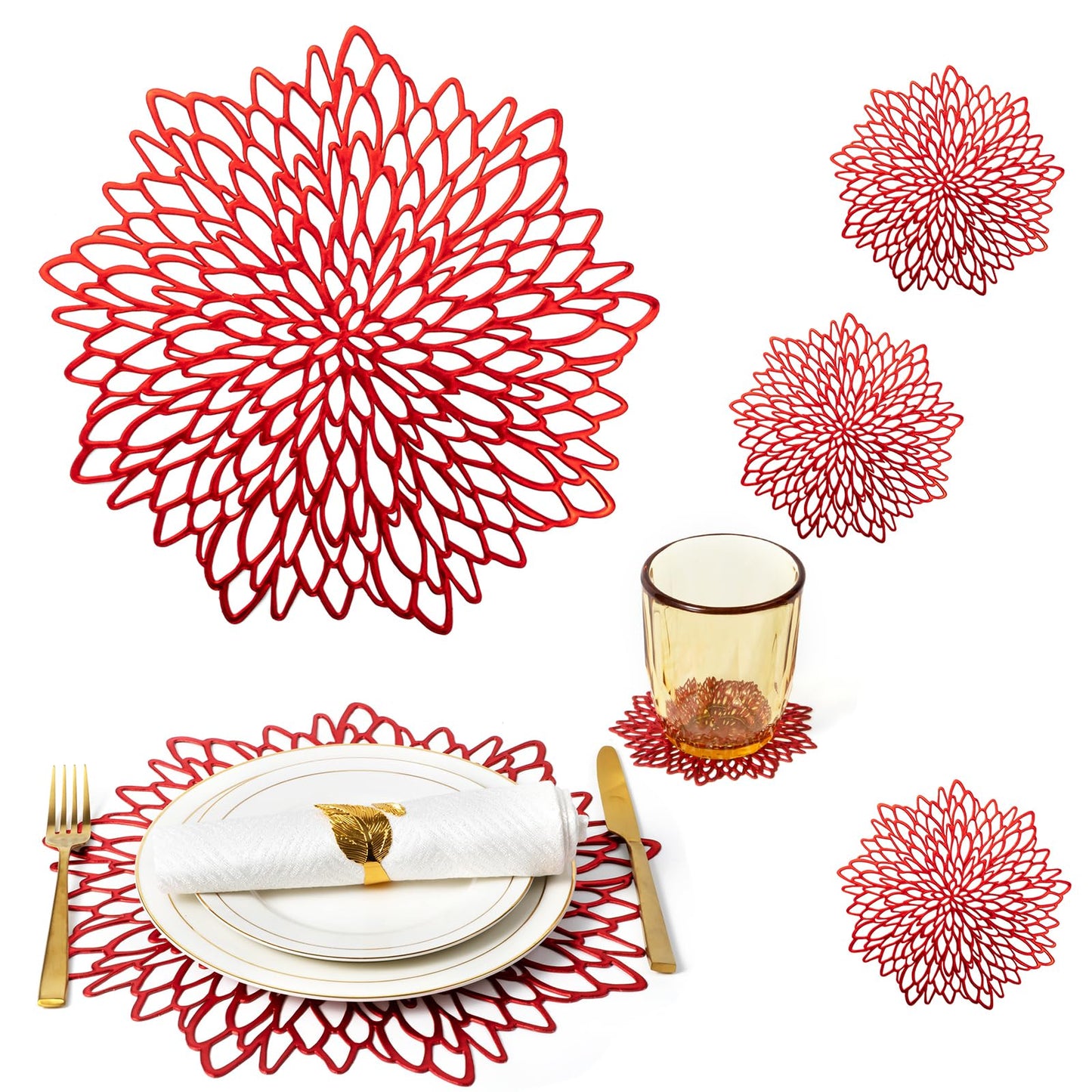 Red Charger Plates Set of 16 Red Placemats Place Mats & 16 Pcs Coasters Table Mats Holiday Modern Washable Vinyl Round Placemats Wedding Kitchen Farmhouse Christmas Dinner Dining Table Decor Setting