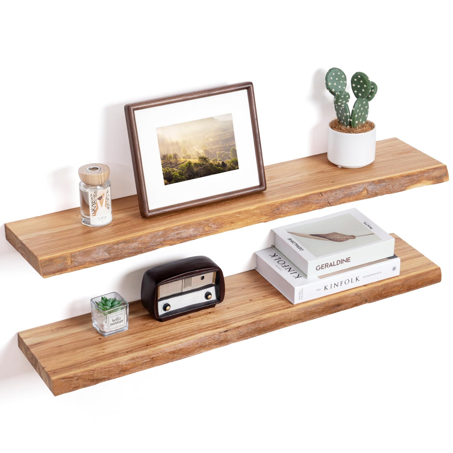 FLYJOE Live Edge Elm Wood Floating Shelves — 36" Rustic Wall Shelves with Invisible Brackets | Set of 2