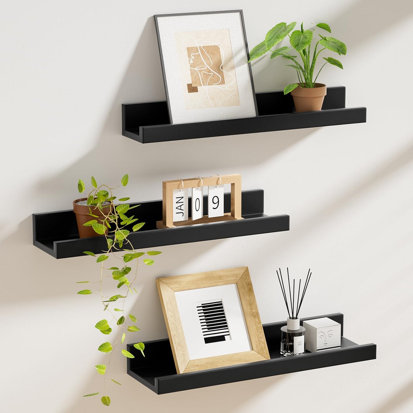 Nordic Floating Shelf Trio – Black Picture Ledge with Lip | 16"
