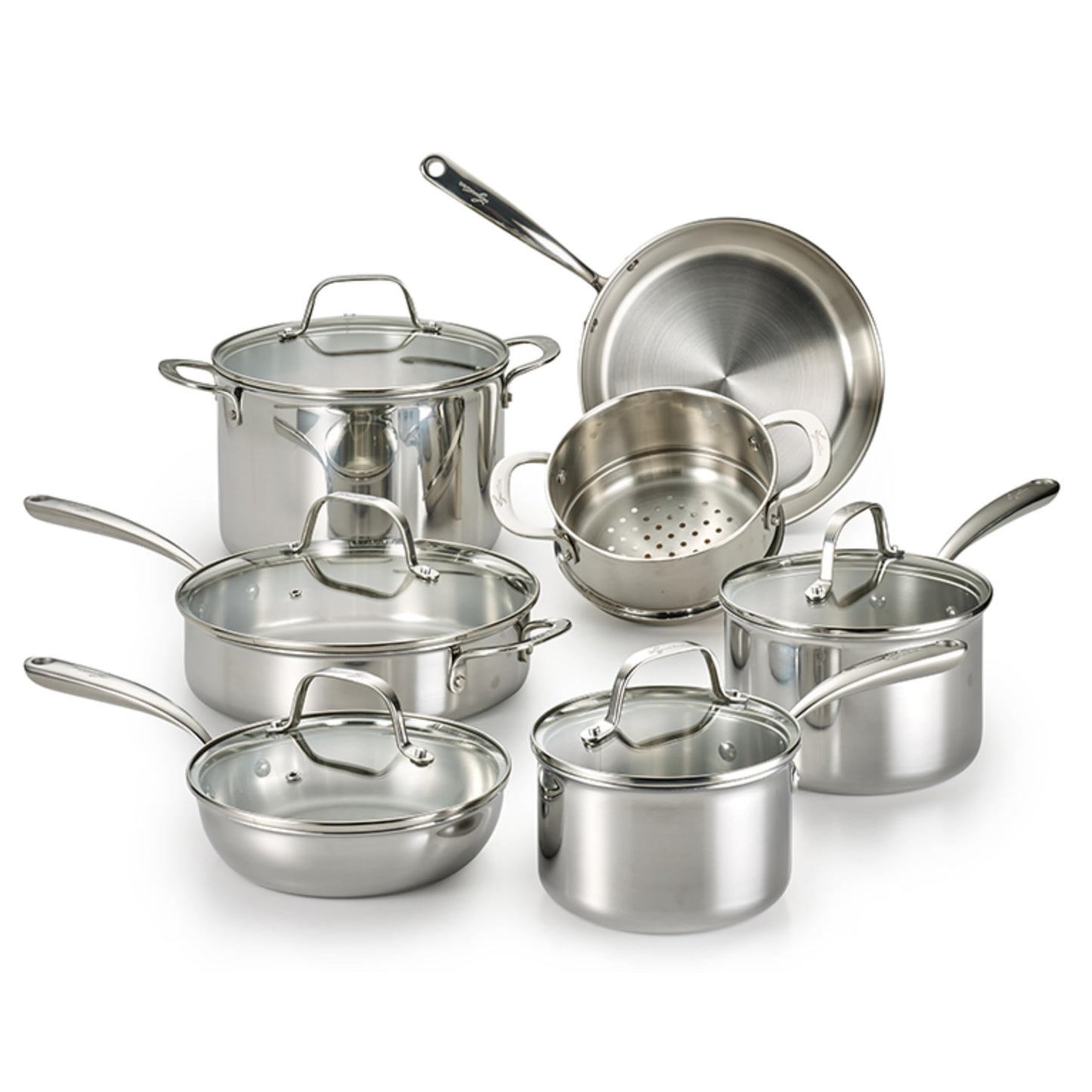 Lagostina 3 Ply Clad 12-pc Cookware Set Stainless Steel Pots and Pans stay-cool cast stainless steel handles tempered glass lids Induction safe Oven Safe 500°F without the lids
