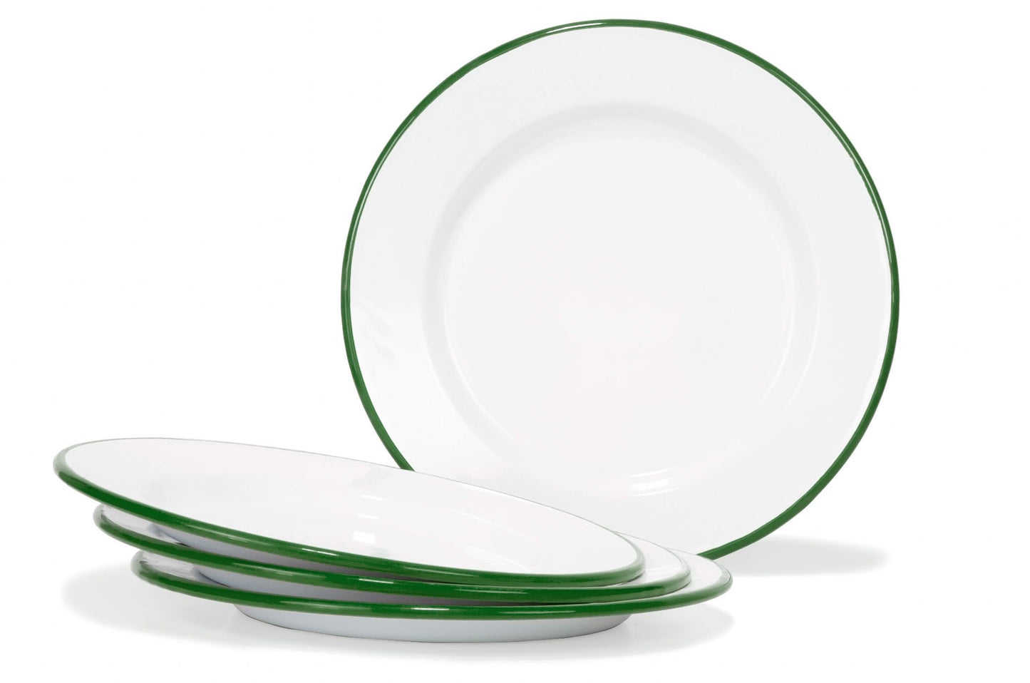 Red Co. Set of 4 Enamelware Metal Classic 10" Round Dinner Plate Solid White/Dark Green Rim