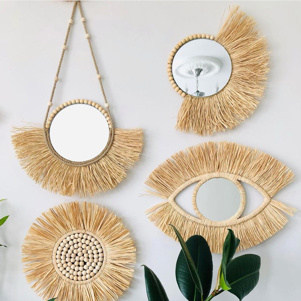 Moroccan Wooden Bead Woven Mirror Wall Decor