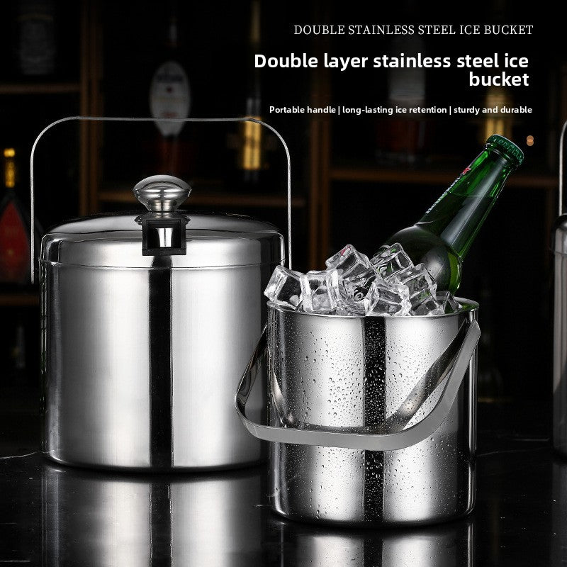 304 Stainless Steel Double Layer Insulated Ice Bucket with Lid and Handle for Wine Champagne Beer