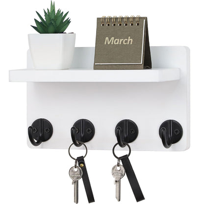 Nekon Key Holder Wall Mount 8.5 Inch Small Home Decor Wooden Wall Organizer with 4 Hooks and Shelf Wall Decor for Living Room Entryway Kitchen (White)