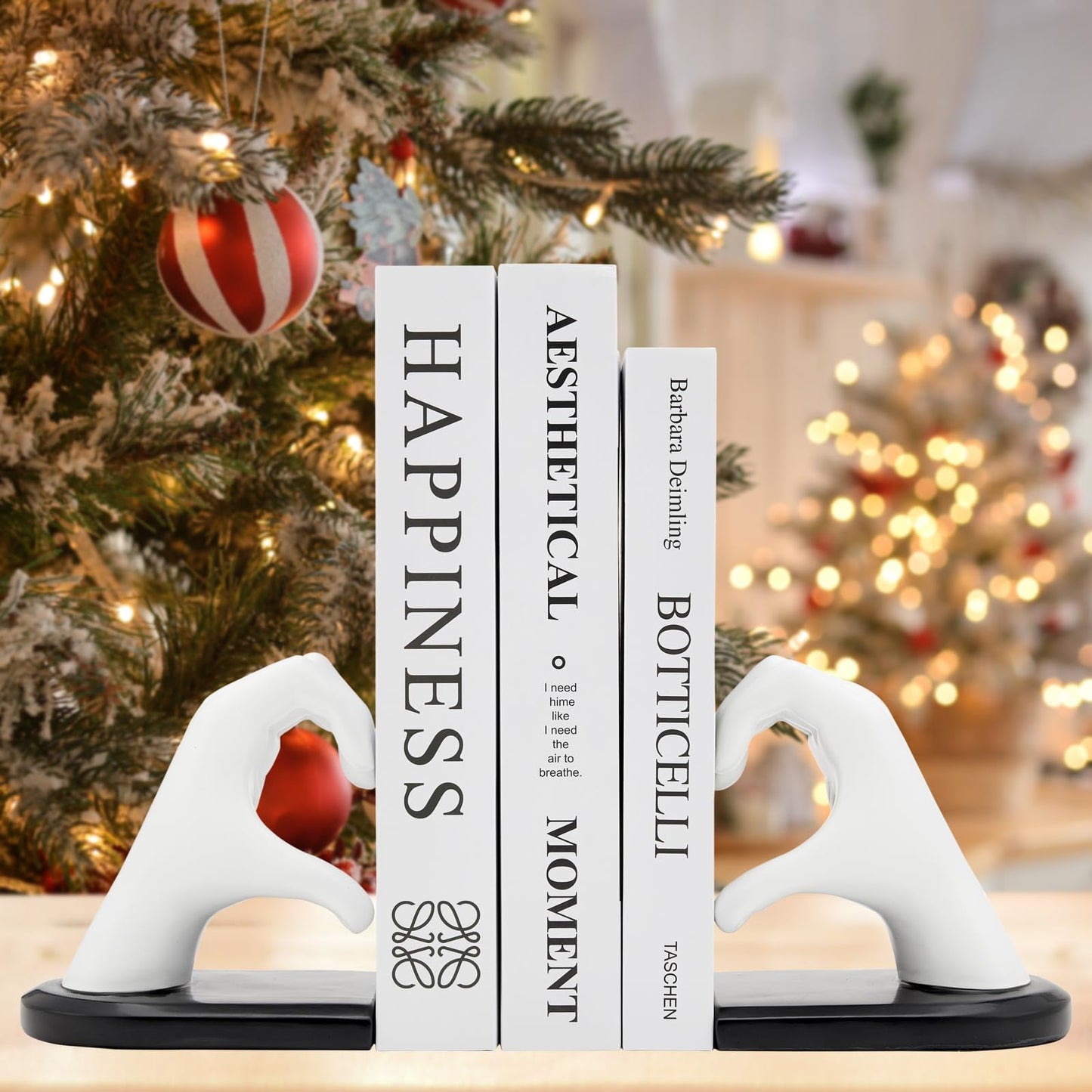 Xmeden White Bookends Heavy Duty Bookend Holder Decor White Finger Heart Shaped Decor Modern Art Sculpture Bookends Decorative Boho Decor for Desktop Bedroom Study Room(White)