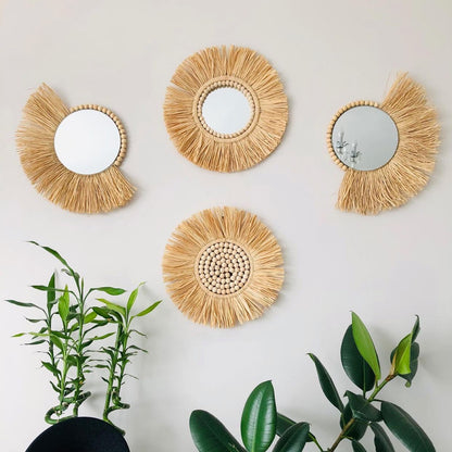 Moroccan Wooden Bead Woven Mirror Wall Decor