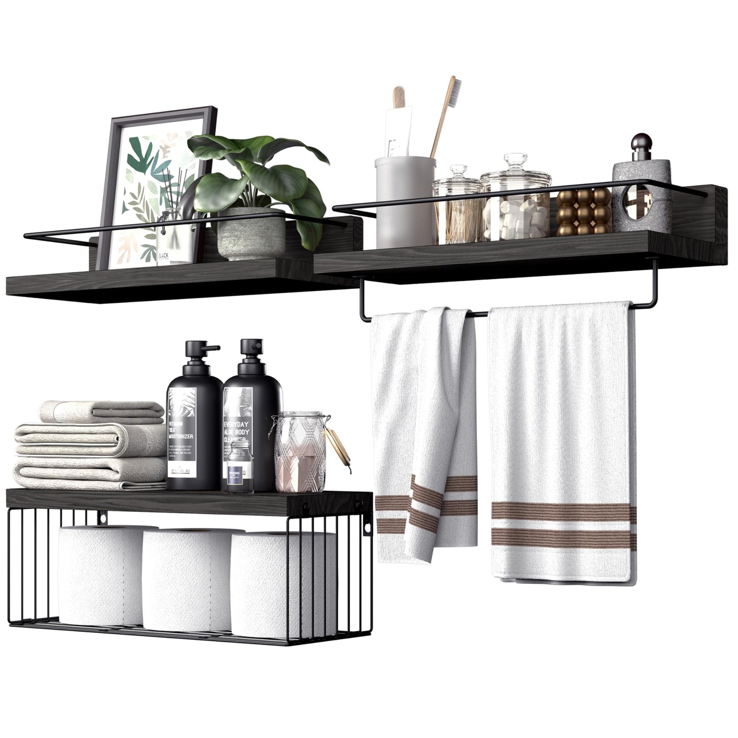 Nordic Wall Shelf Set of 3 | Floating Shelves with Storage Basket & Towel Rack | Black