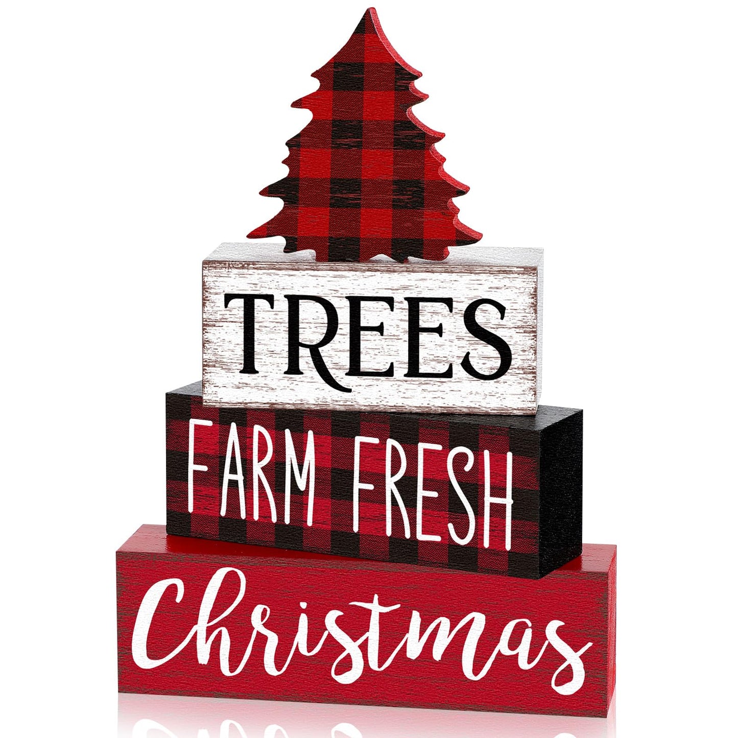 Marsui 4 Pcs Christmas Wooden Tabletop Decor Neutral Christmas Decor Rustic Christmas Tree Block Sign Buffalo Plaid Christmas Table Decor Centerpiece for Home Office Desk Tiered Tray Farmhouse Decor