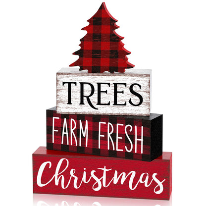 Marsui 4 Pcs Christmas Wooden Tabletop Decor Neutral Christmas Decor Rustic Christmas Tree Block Sign Buffalo Plaid Christmas Table Decor Centerpiece for Home Office Desk Tiered Tray Farmhouse Decor