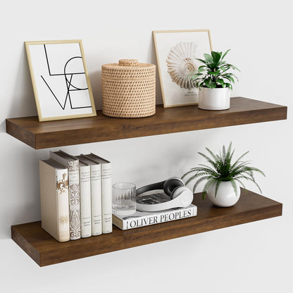 Vivelove Solid Pine Floating Shelves — 24" Handcrafted Wall Shelves with Invisible Brackets | Set of 2