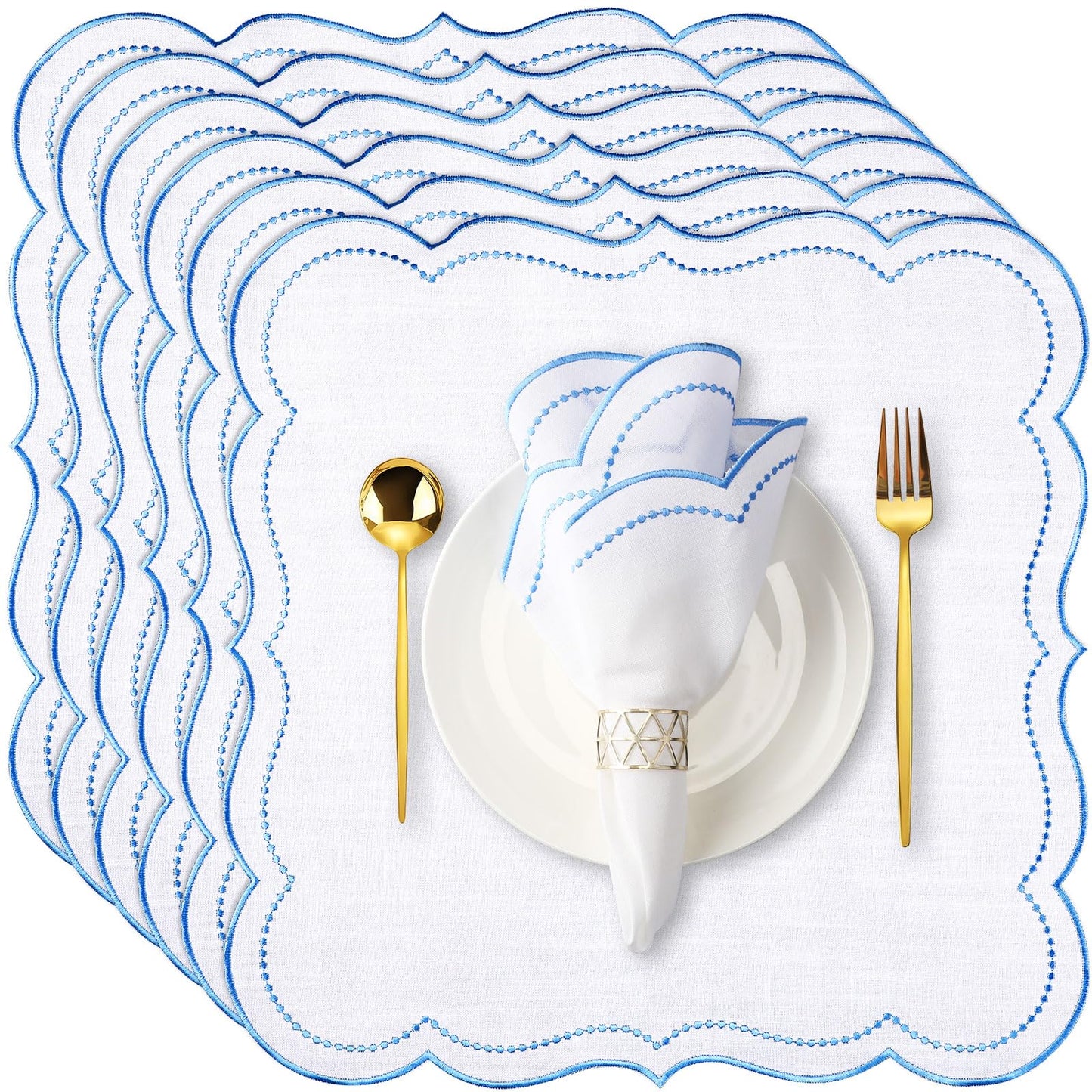 Hahafelt 6 Set Cloth Napkins 18x18inches Scalloped Embroidery Cloth Napkins Washable Polyester Table Dinner Napkins Dinner Napkins Cloth for Hotel Restaurant Weddings Events Parties (Blue)
