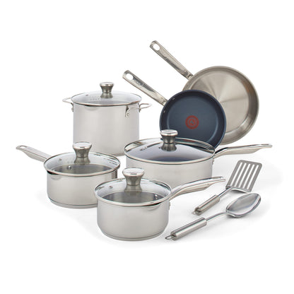 T-fal Platinum Stainless Steel with Nonstick Cookware Set 12 Piece Induction Oven Broiler Safe 500F Pots and Pans Dishwasher Safe Silver
