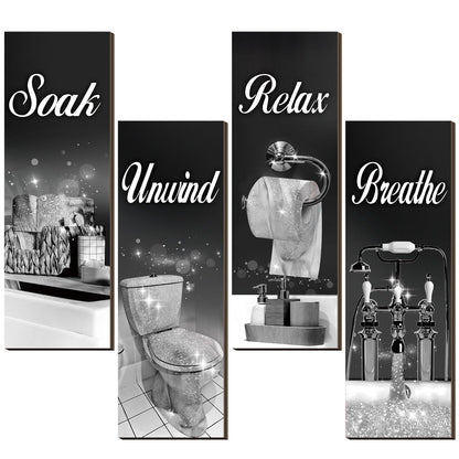 4 Pcs Bathroom Decor Wall Art Farmhouse Bathroom Pictures Wall Decor Soak Unwind Relax Breathe Wood Hanging Sign for Home Spa Bathroom Laundry(Black and Silver)