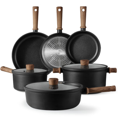 CAROTE 9pcs Pots and Pans Set Non Stick Nonstick Kitchen Cookware Sets Titanium Induction Cookware Sets with Stay-Cool Handle Black