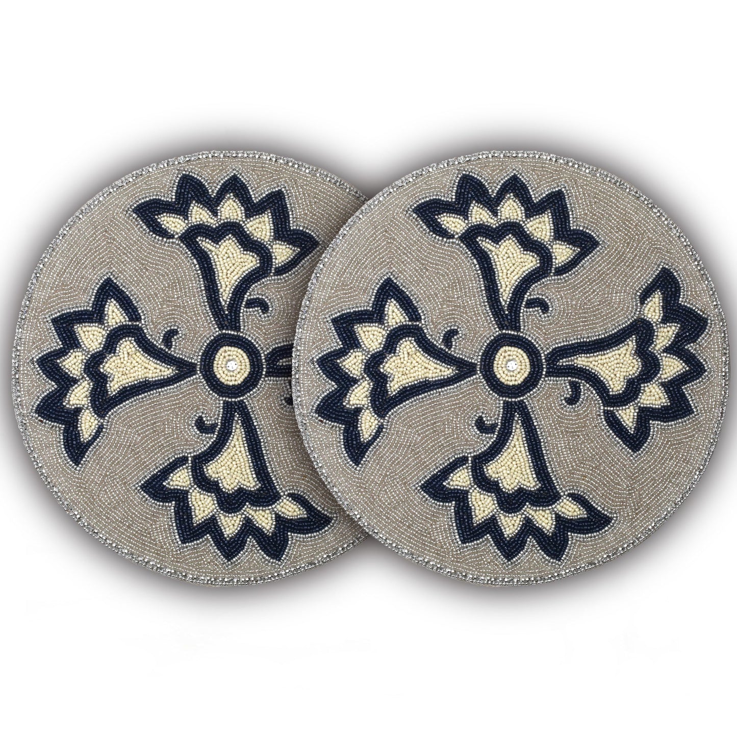 Homebia Designs Handmade Beaded Placemat Charger 13 Inch Round Set of 2 Beautiful Decorative Dining Table Placemat for Your Dinner Table Décor Christmas New-Year Thanksgiving - Silver Navy