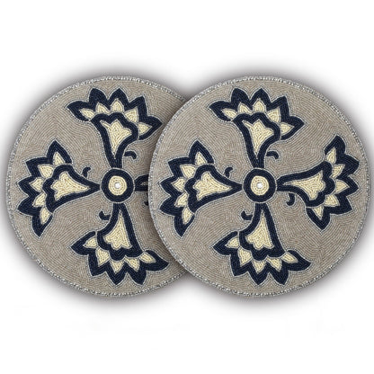 Homebia Designs Handmade Beaded Placemat Charger 13 Inch Round Set of 2 Beautiful Decorative Dining Table Placemat for Your Dinner Table Décor Christmas New-Year Thanksgiving - Silver Navy