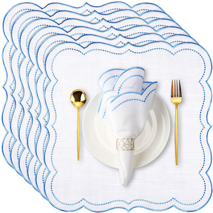 Hahafelt 6 Set Cloth Napkins 18x18inches Scalloped Embroidery Cloth Napkins Washable Polyester Table Dinner Napkins Dinner Napkins Cloth for Hotel Restaurant Weddings Events Parties (Blue)