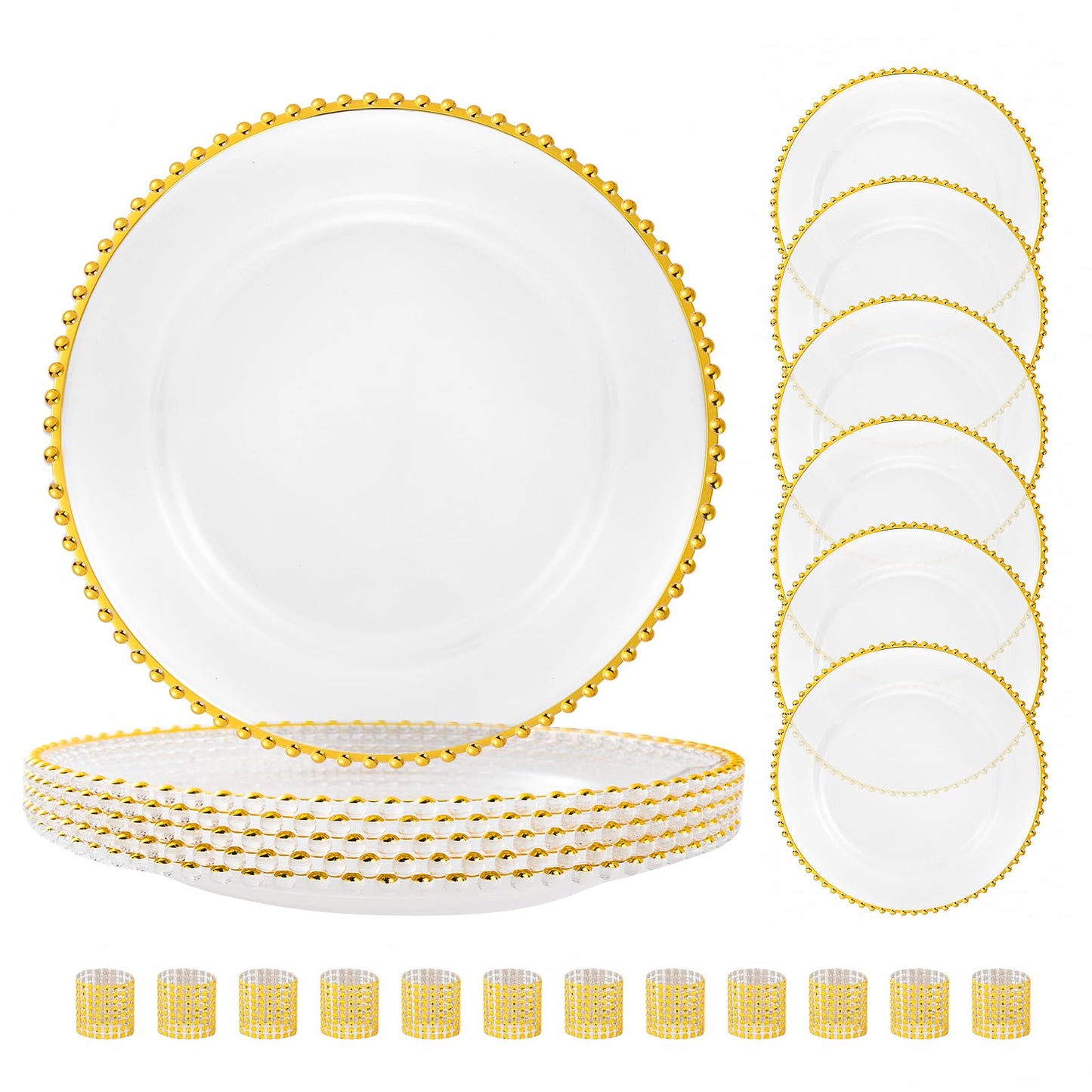 BESTVIP 18PCS Clear Charger Plates Set 6 Acrylic Plate Chargers Bulk and 12 Napkin Rings 13-Inch Gold Dinner Charger with Gold Beaded Rim Tabletop Decorations for Wedding Dinner Party