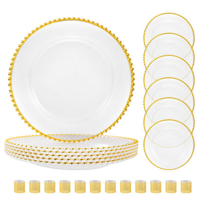 BESTVIP 18PCS Clear Charger Plates Set 6 Acrylic Plate Chargers Bulk and 12 Napkin Rings 13-Inch Gold Dinner Charger with Gold Beaded Rim Tabletop Decorations for Wedding Dinner Party