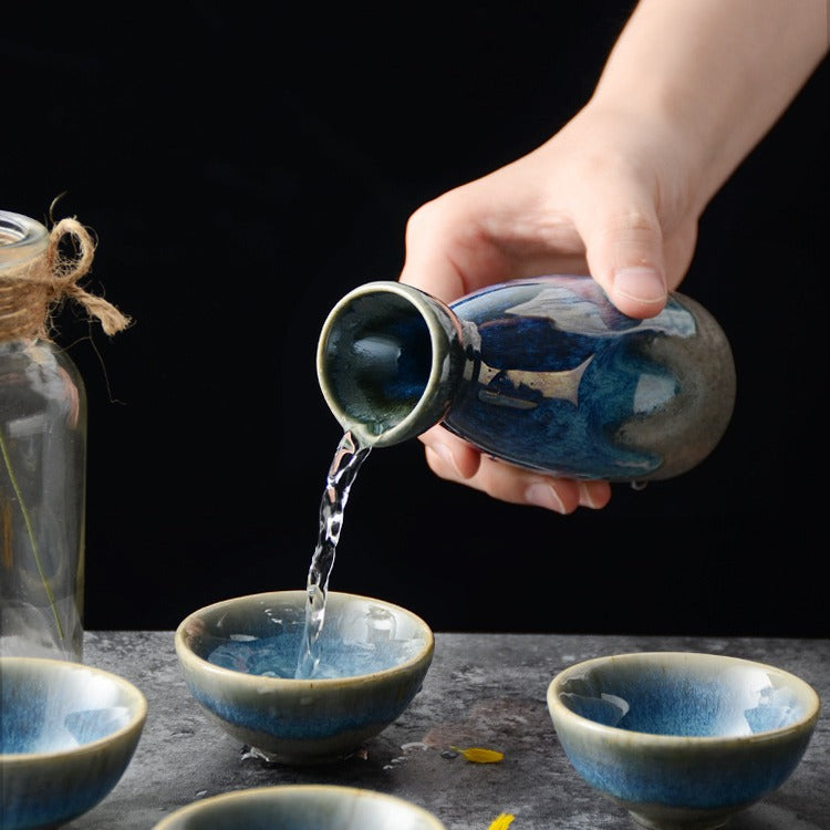 Japanese Ceramic Sake Set with Pot and Cups