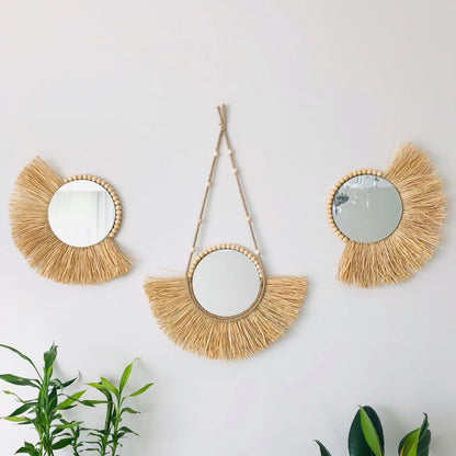 Moroccan Wooden Bead Woven Mirror Wall Decor
