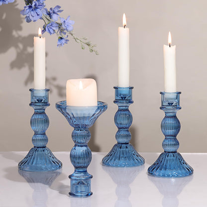 DARJEN Blue Candlestick Holders Set of 4 - Vertical Stripe Glass Candle Holders for Candlesticks and Taper Candles Taper Candle Holder for Wedding Shower Party Dinner Table Decor