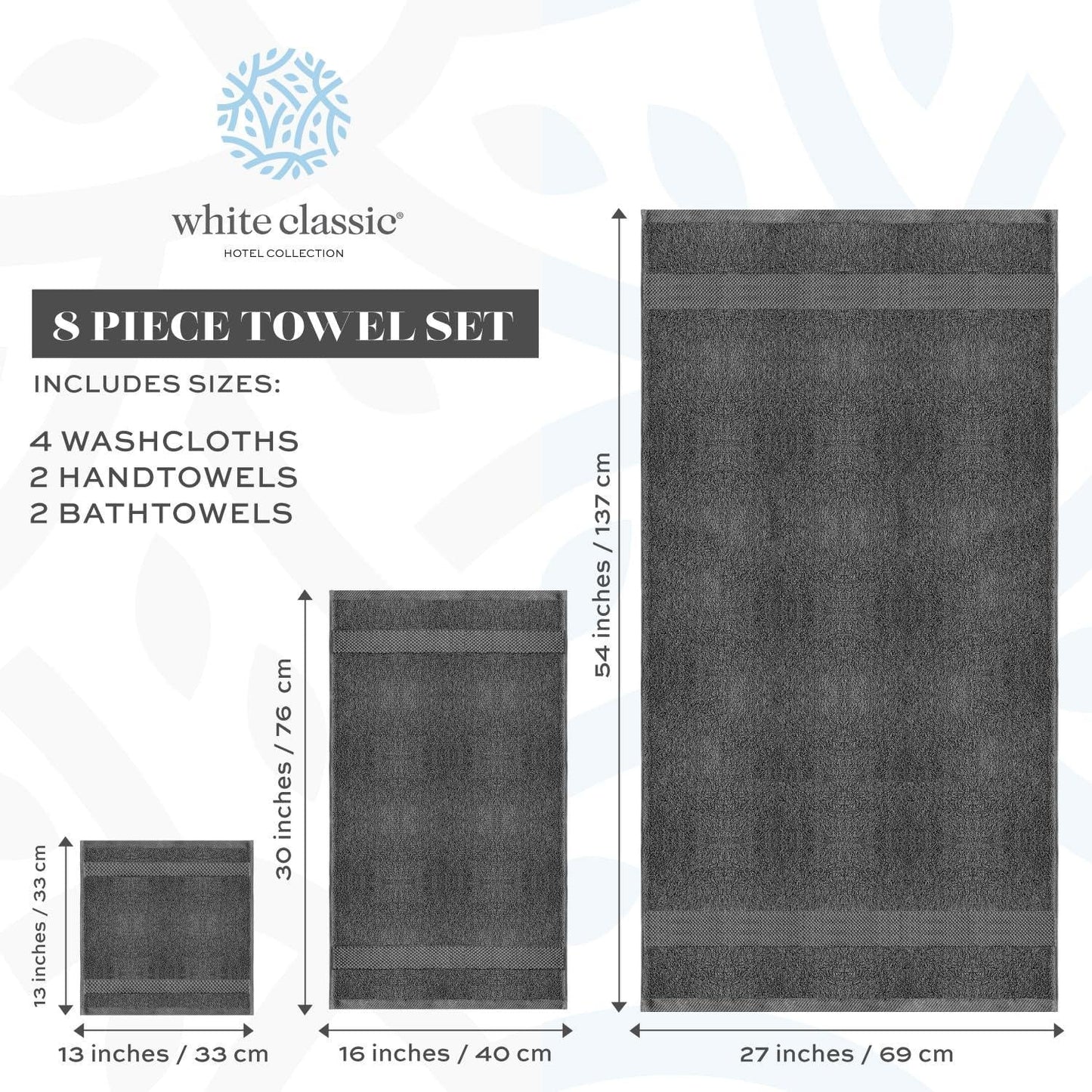 Hotel Collection Combed Cotton Bath Towel Set – Dark Grey, 700 GSM, 8-Piece