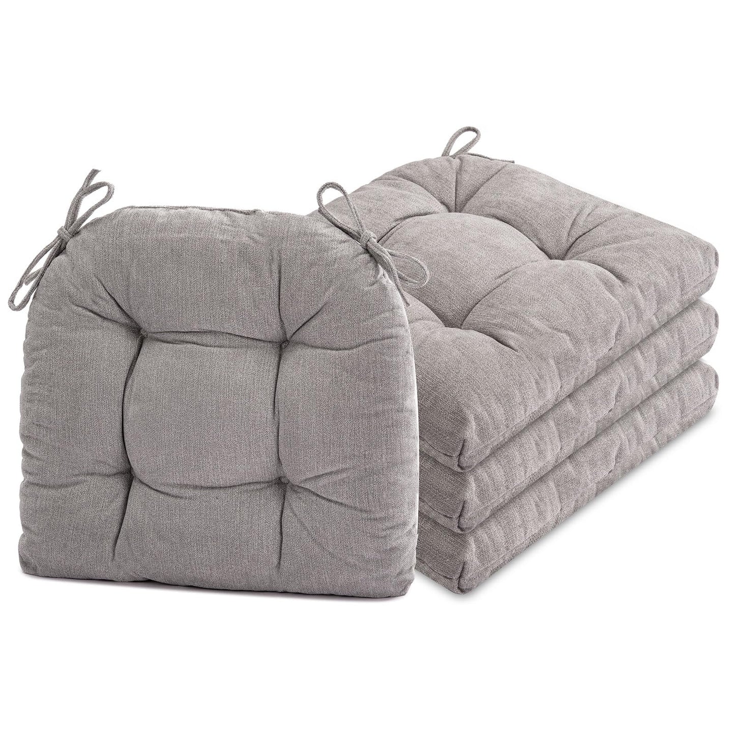 Tufted Chair Cushions Set of 4 — Non-Slip Dining Seat Pads with Ties | Light Gray