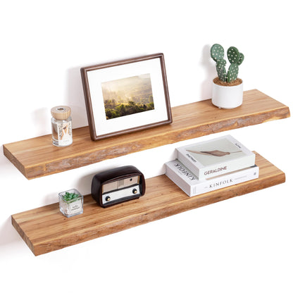 FLYJOE Live Edge Elm Wood Floating Shelves — 36" Rustic Wall Shelves with Invisible Brackets | Set of 2