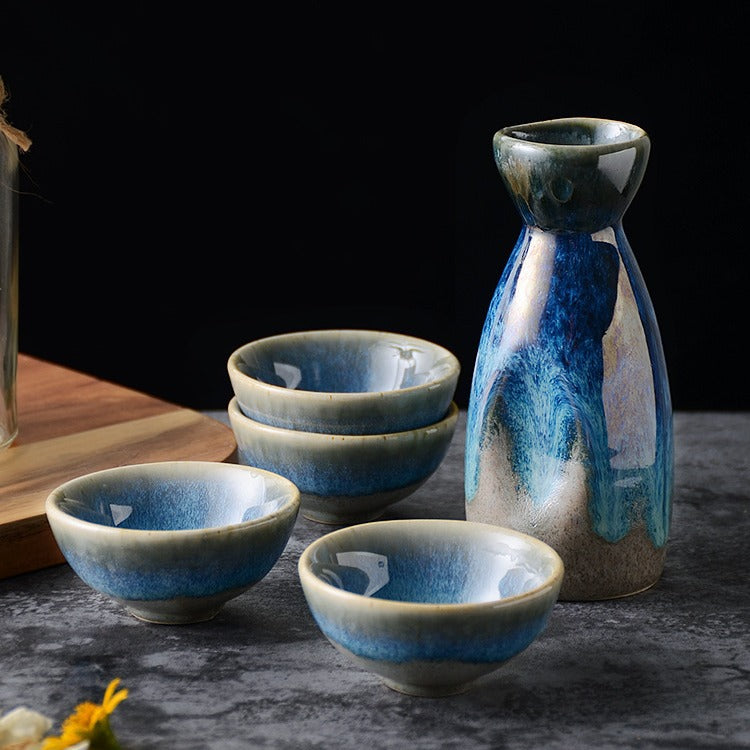 Japanese Ceramic Sake Set with Pot and Cups