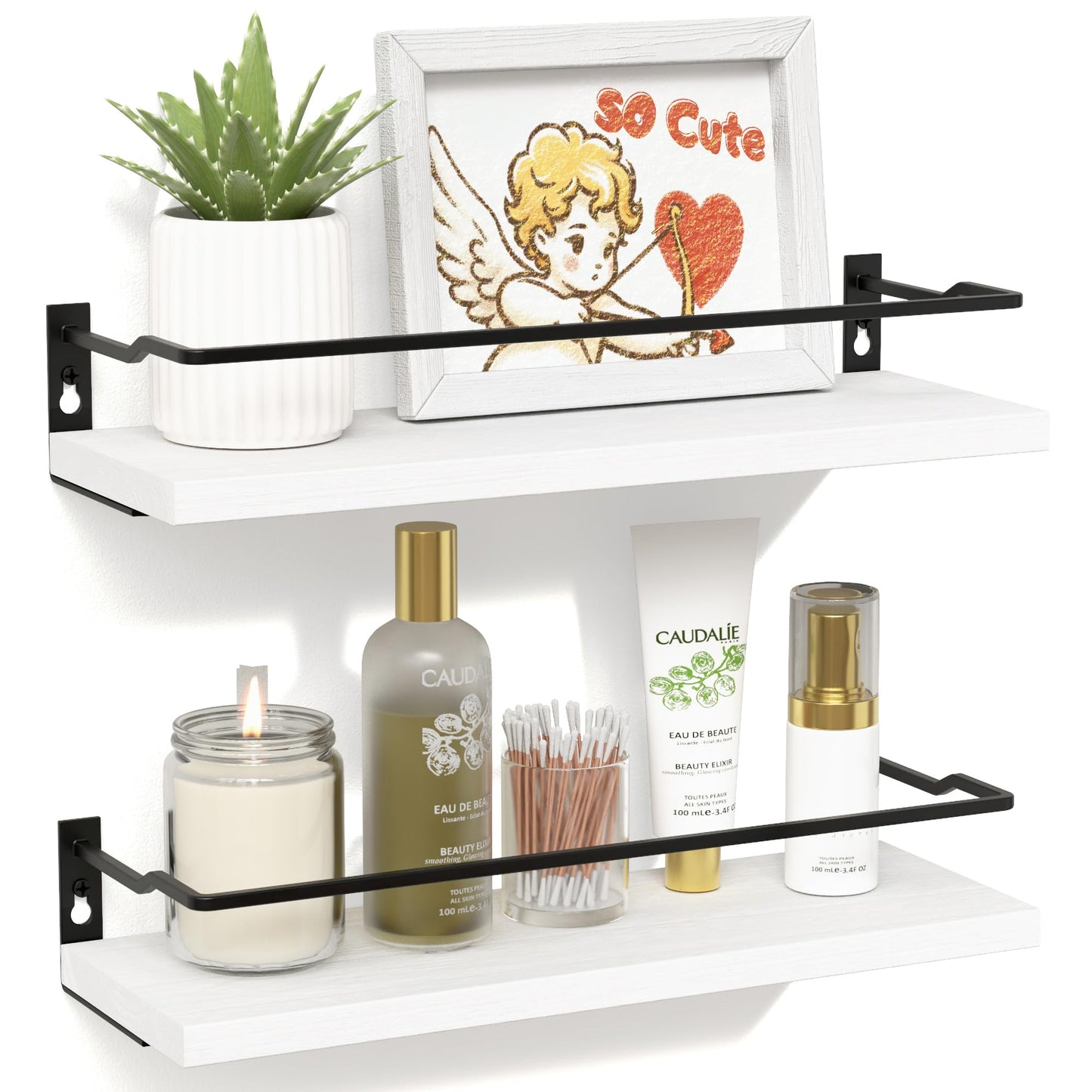 Richer House Floating Wall Shelves — Paulownia Wood Bathroom Organiser with Guard Rail, Set of 2