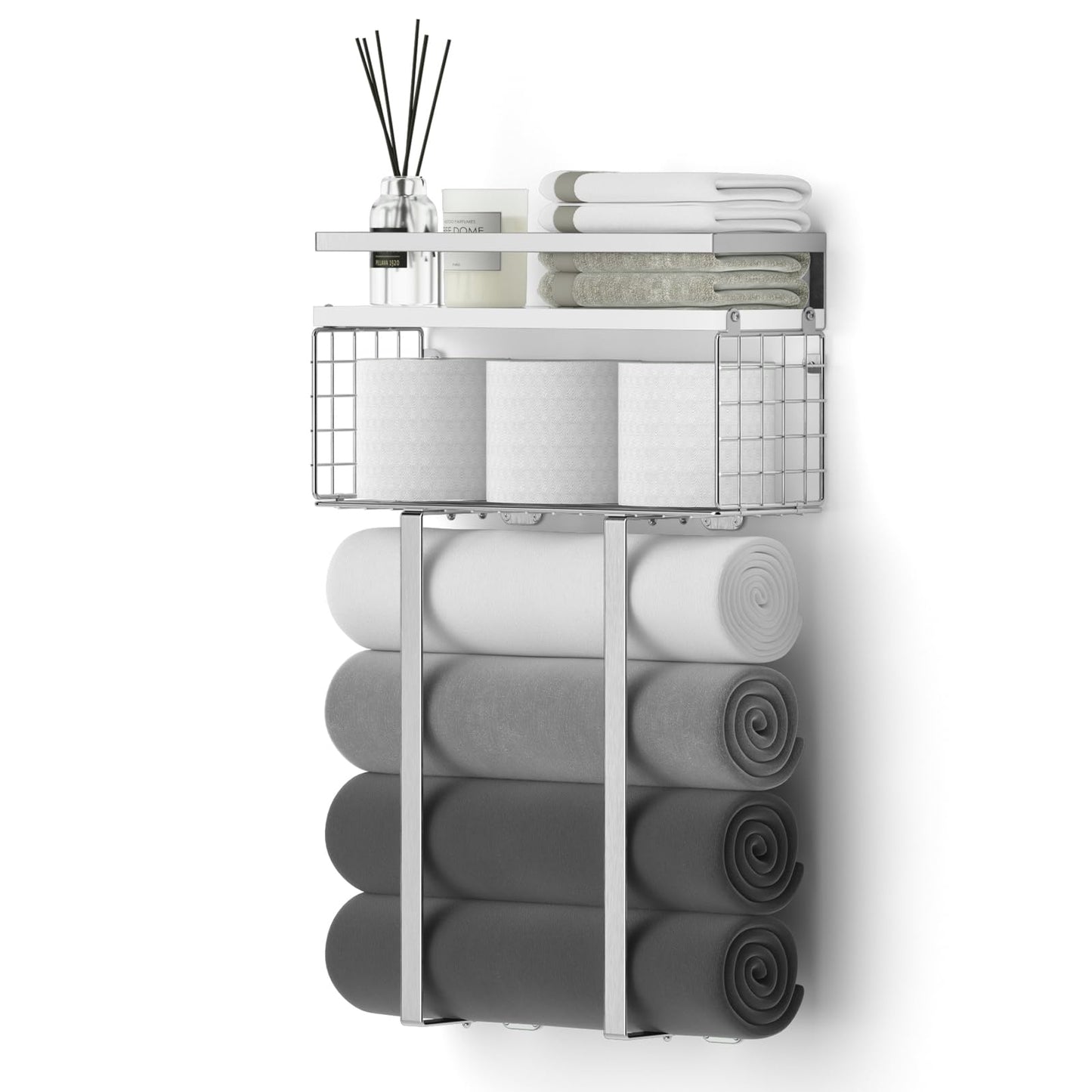 Nordic Floating Shelf & Towel Rack | Metal & Pine Wood | Silver