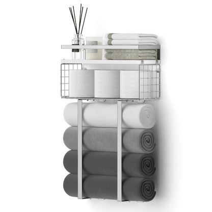 Nordic Floating Shelf & Towel Rack | Metal & Pine Wood | Silver