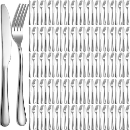 Nuenen 100 Pcs Stainless Steel Forks Dinnerware Set Dinner Forks and Dinner Knives Flatware Set Tableware Cutlery Set for Butter Kitchen Restaurant Hotel Home Dishwasher Safe (Silver9.06" 8.07")