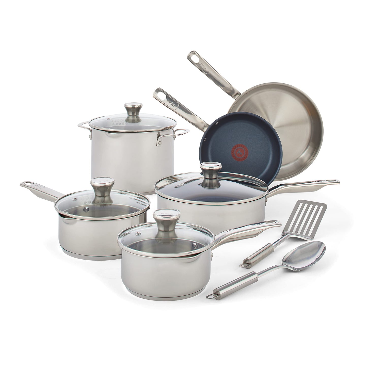 T-fal Platinum Stainless Steel with Nonstick Cookware Set 12 Piece Induction Oven Broiler Safe 500F Pots and Pans Dishwasher Safe Silver