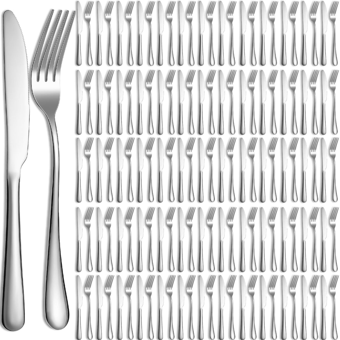 Nuenen 100 Pcs Stainless Steel Forks Dinnerware Set Dinner Forks and Dinner Knives Flatware Set Tableware Cutlery Set for Butter Kitchen Restaurant Hotel Home Dishwasher Safe (Silver9.06" 8.07")