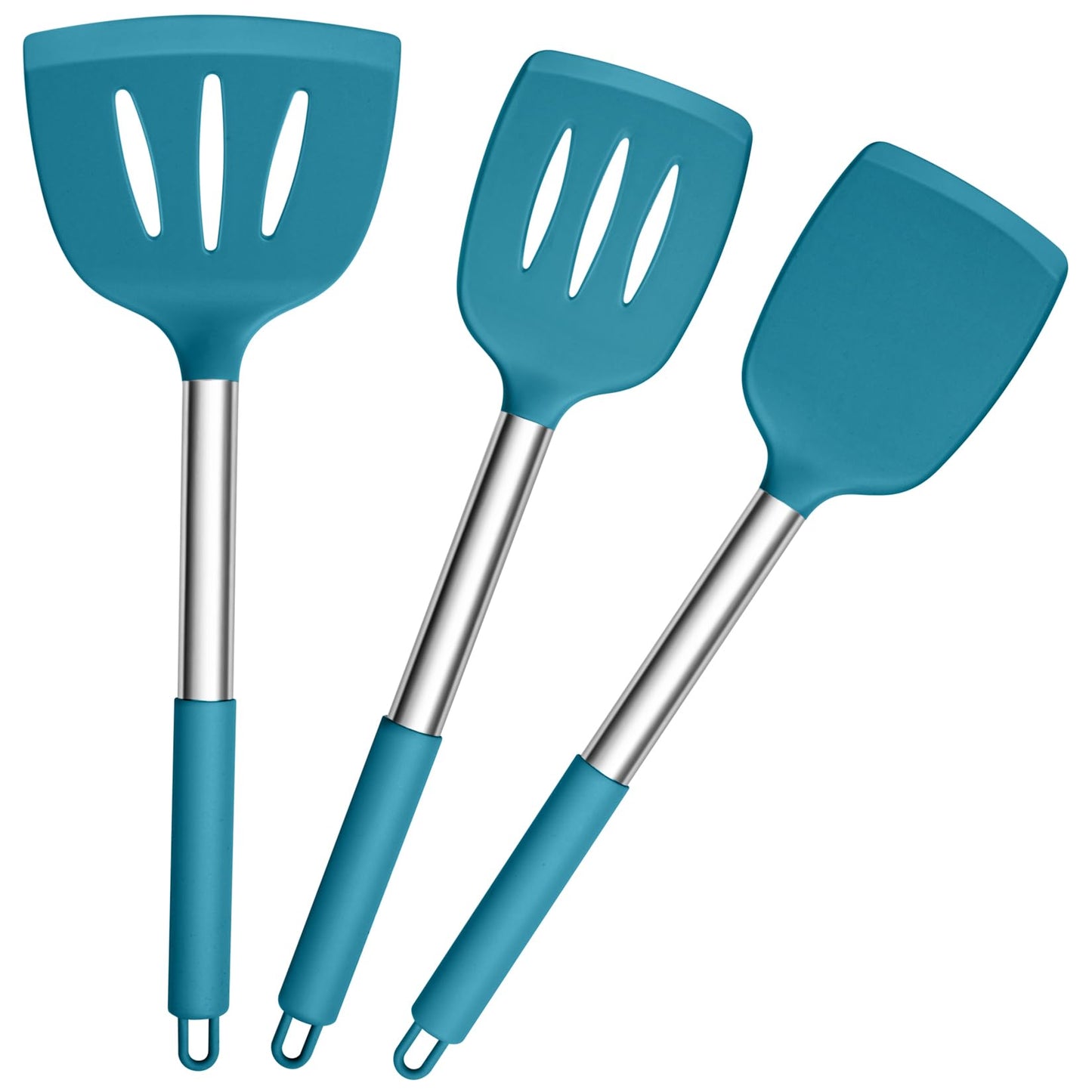 P&P CHEF Blue Silicone Cooking Utensil Kitchen Utensils Set of 3 Slotted & Solid Spatula Turner Nonstick for Coated Cookware Friendly Healthy & Heatproof