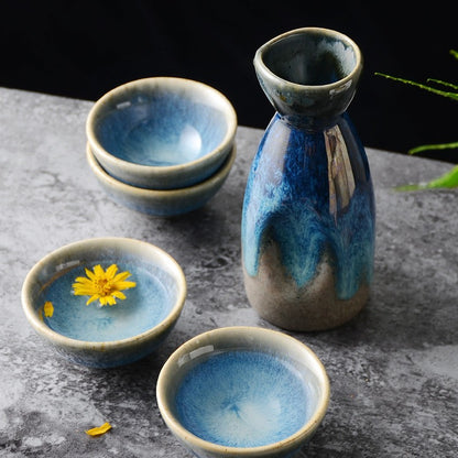 Japanese Ceramic Sake Set with Pot and Cups