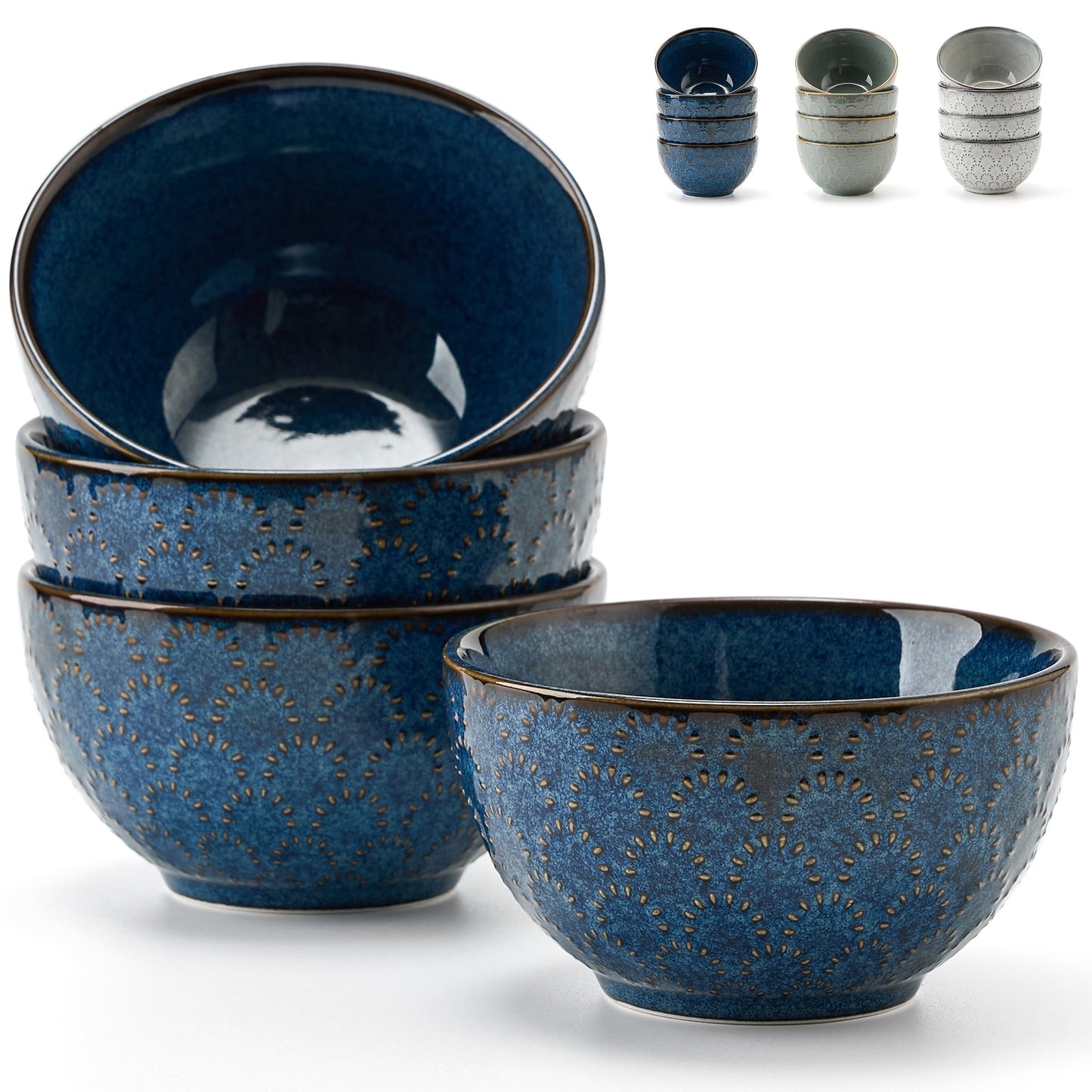 Jemirry Ceramic Bowls Set of 4 4.5" Embossment Design Porcelain Soup/Cereal/Rice Bowls for Kitchen 11.8 Fl Oz Small Bowl Set for Entertaining Dinner Housewarming Gift Idea-Blue