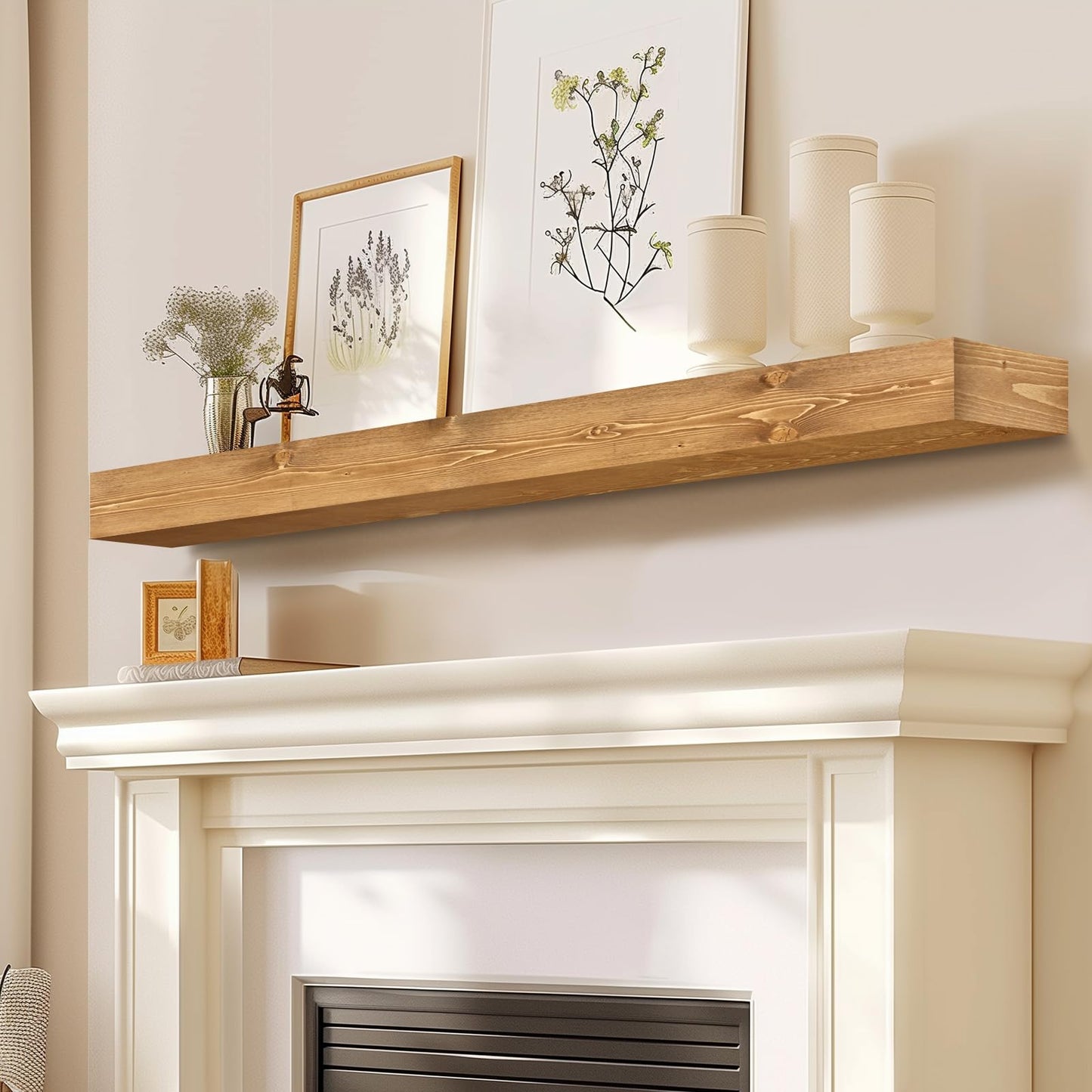 YLYHSST Fireplace Mantel Handmade 3 Thick Wall Decor Long Floating Shelf 48inch Rustic Wood Shelf with Invisible Brackets Wood Color