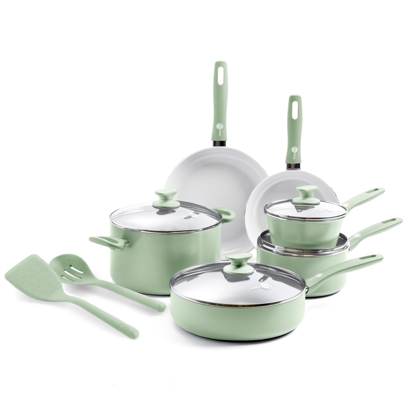 GreenPan Dover Healthy Ceramic Nonstick 12 Piece Cookware Pots and Pans Set PFAS-Free Dishwasher Safe Comfort Grip Handle Pastel Green