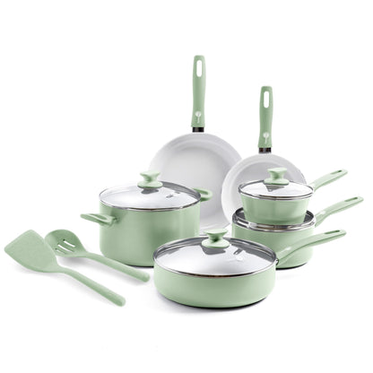 GreenPan Dover Healthy Ceramic Nonstick 12 Piece Cookware Pots and Pans Set PFAS-Free Dishwasher Safe Comfort Grip Handle Pastel Green