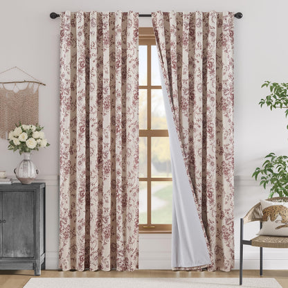 Peony Floral Linen Blackout Curtains – Brick Red, 50”×84”, 2-Panel Set